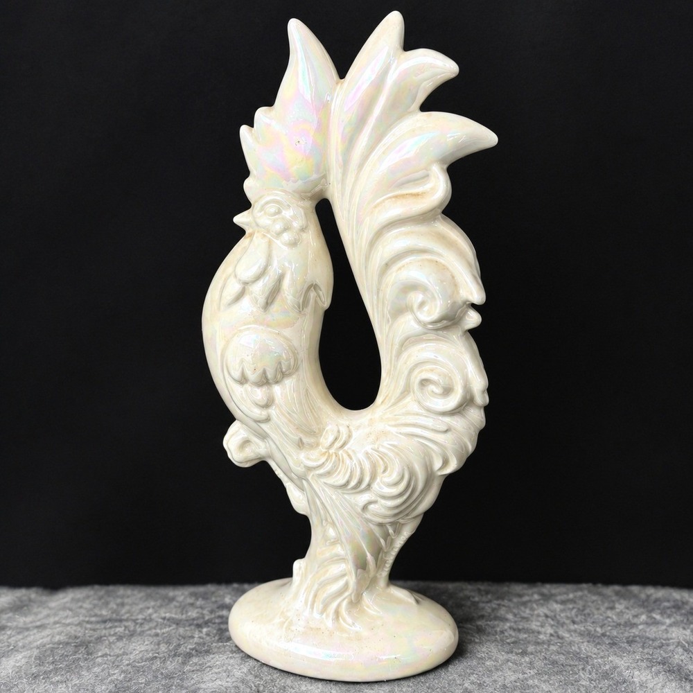 Vintage Arnel's Iridescent Pearl White Ceramic Rooster Figurine 12" Lusterware